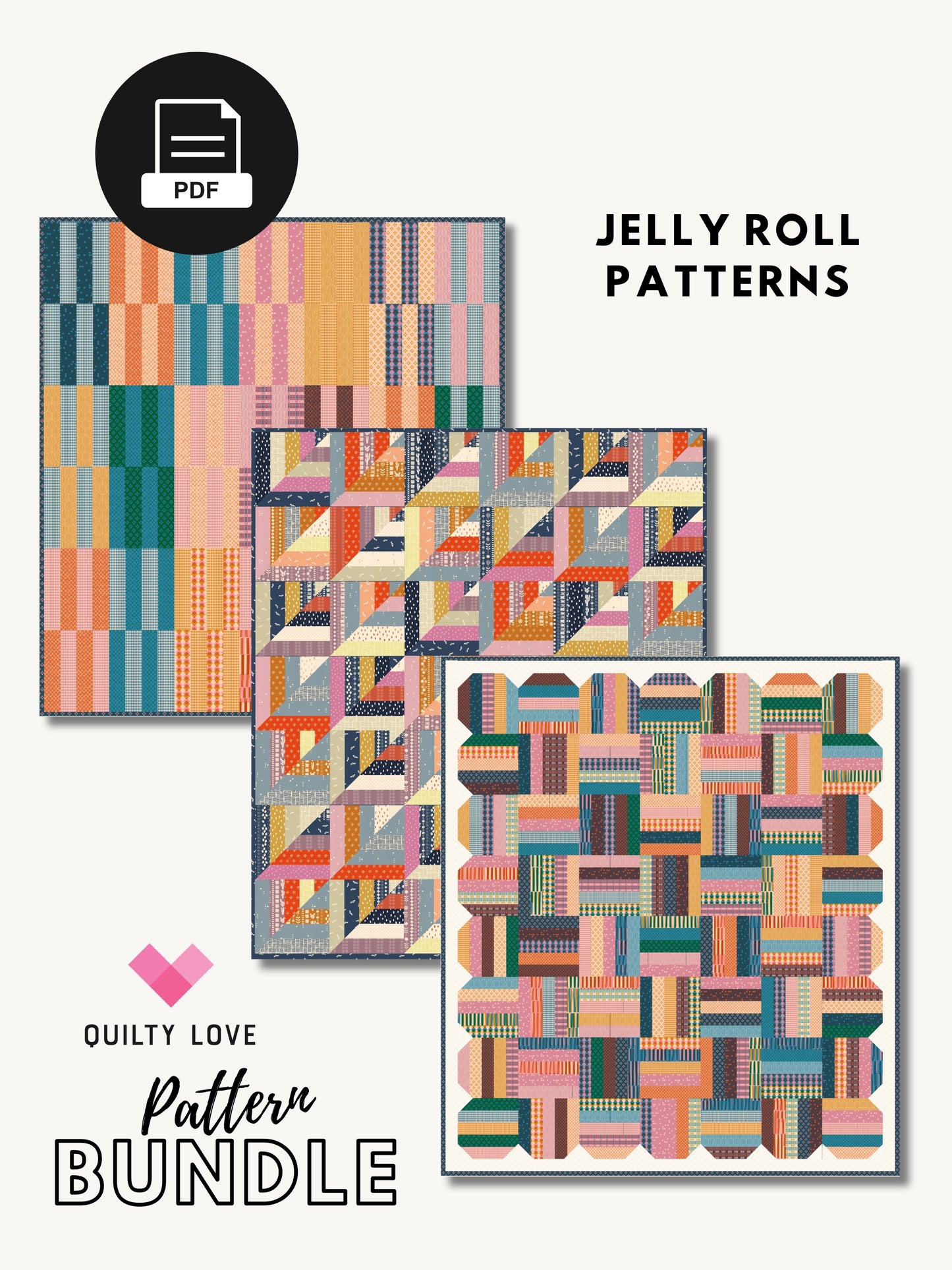 JELLY ROLL Quilt Bundle -Jelly Stripes, Happy Scallops & Lucky Log Cabins quilt pattern bundle - Automatic Download