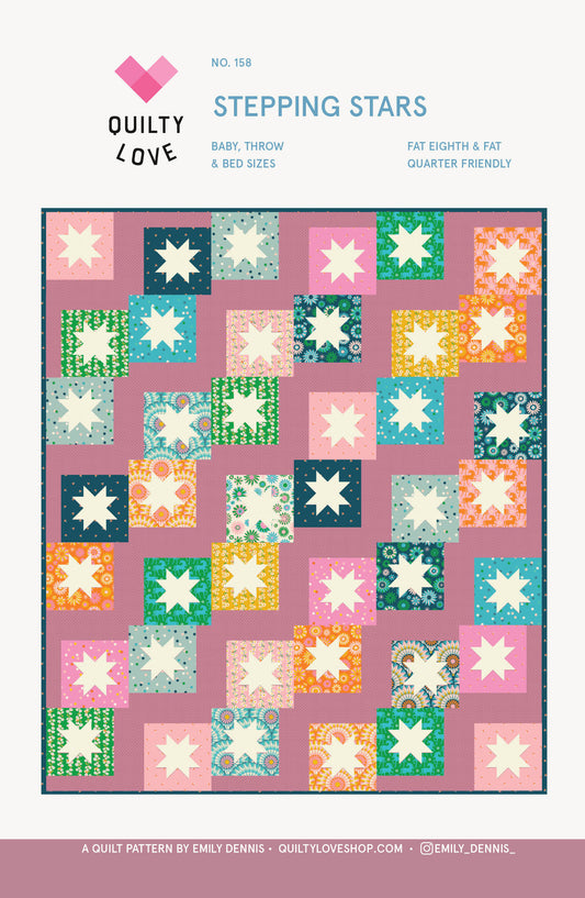 Quilt pattern cover for 'Stepping Stars' by Quilty Love with colorful star and square designs on a pink background.